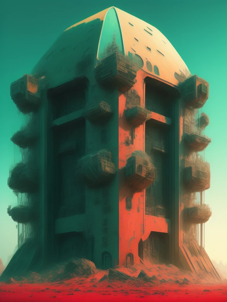 post-apocaliptic dome-shaped buildings designed by Wes Anderson, made of glass and steel, sci-fi style crates with equipment lying around, retro futurism, cyberpunk aesthetics, blade runner style, complementary colors, apocalyptic, dystopian, darksynth, daz3d, featured on pixiv, cg society contest winner