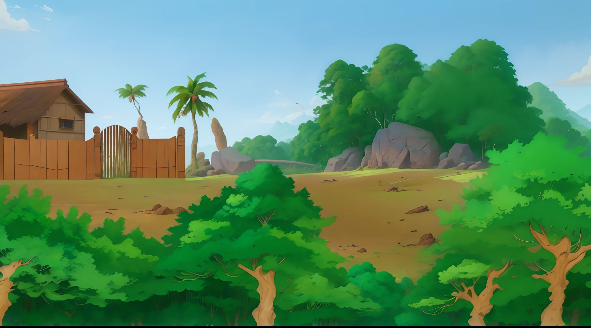 there is a cartoon picture of a small village in the woods, background jungle, big rock, the jungle at the background, jungle in background, jungles in the background, savana background, background artwork, jungle background, safari background, some trees in the background, jungle landscape, island background, jungle scene, random background scene, jungle background with ruins, jungle setting, jungle environment, concept art, concept art, anime, aime style, makoto shinkai style, 4k, 4k detailed, a house in the middle of an area surrounded by a wooden fence, dark brown soil, several coconut trees and lush trees, lots of bushes and quite large stones, old house, daytime atmosphere, has an entrance fence made of wood, jungle in background, anime, aime style, makoto shinkai style, 4k, 4k detailed