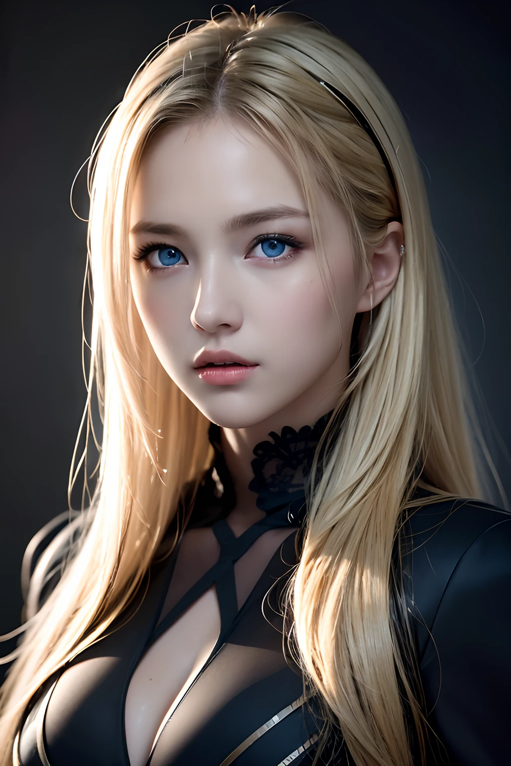 Best quality, masterpiece, ultra high res, (photorealistic:1.4), raw photo, 1girl, blonde hair, blue eyes, detailed eyes and face, black suit, dynamic lighting, in the dark, deep shadow, low key, cowboy shot full-lenght body