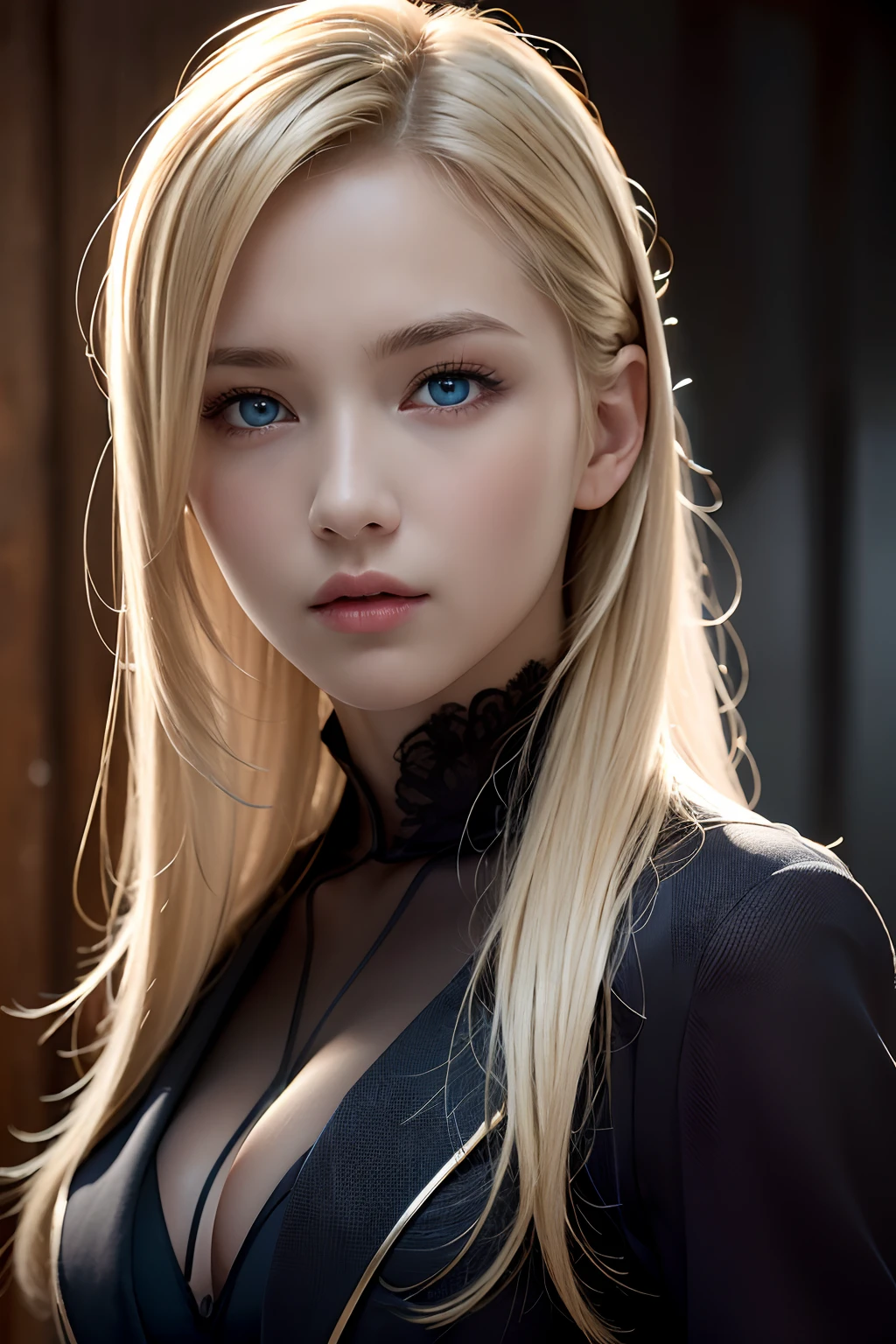 Best quality, masterpiece, ultra high res, (photorealistic:1.4), raw photo, 1girl, blonde hair, blue eyes, detailed eyes and face, black suit, dynamic lighting, in the dark, deep shadow, low key, cowboy shot full-lenght body