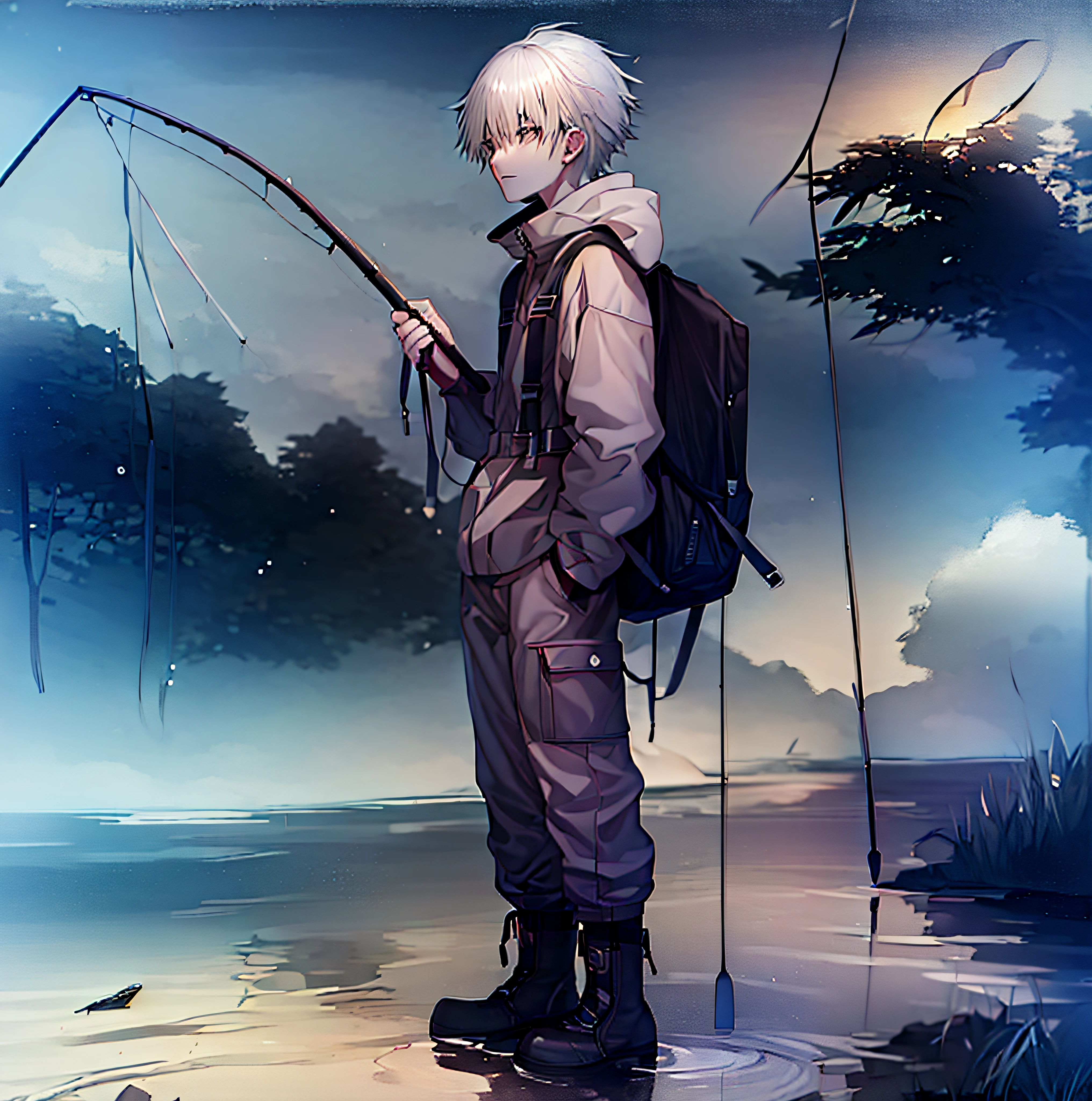 anime boy fishing in a river with a backpack and a fishing rod, killua zoldyck, kaworu nagisa, anime lush john 8k woods, hd anime wallaper, high quality anime artstyle, anime wallaper, nagito komaeda, 4 k manga wallpaper, wearing a fisher 🧥, anime art wallpaper 8 k