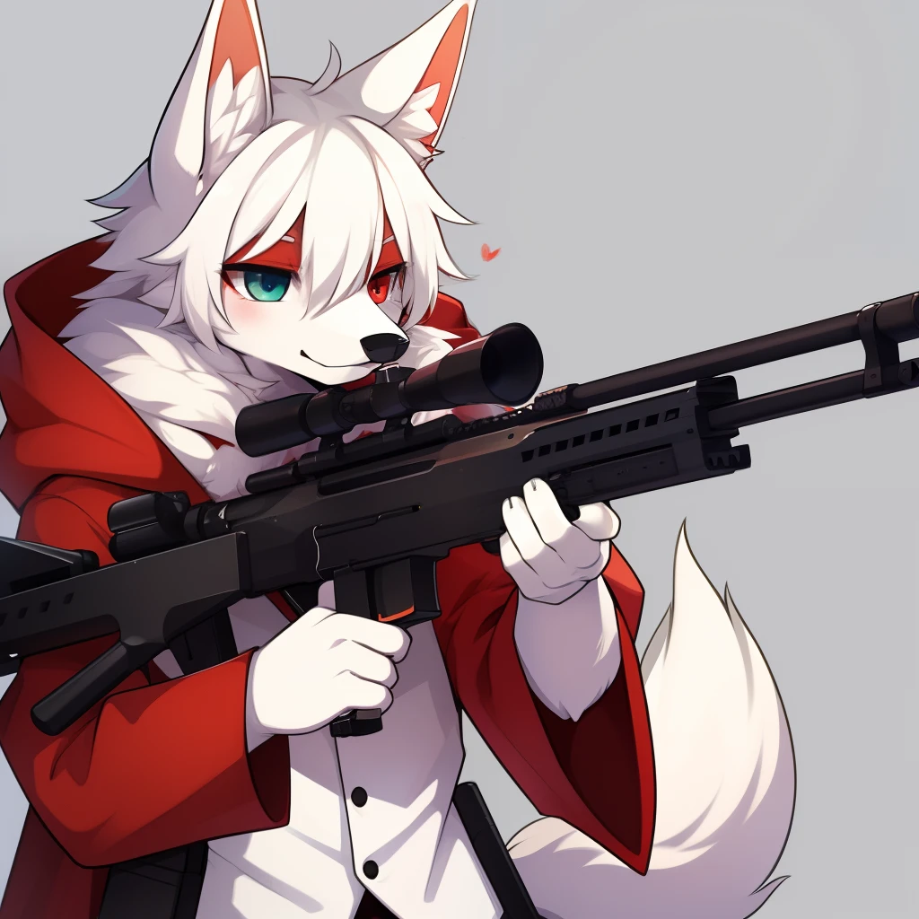 furry art,(anthro,fluffy fur,Character Focus:1.1),by Dagasi, Yupa,The eyes have black and red heterochromia.,white feathers,white coat,Coyote,Hold a sniper rifle.,bachelor,gunman,Devil's Tail