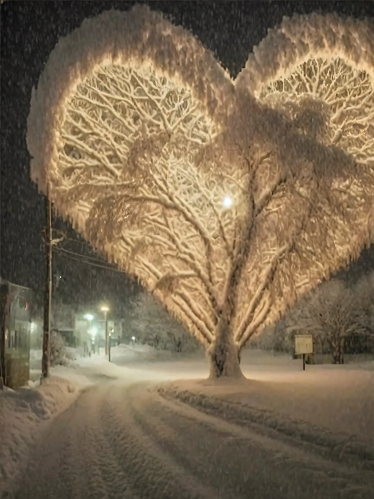 Frozen，It was snowing heavily in the sky，There is a large tree in the shape of a heart in the middle of the road，It was covered with heart-shaped snowflakes，Taken with a Nikon camera，There are street lights on both sides of the road。