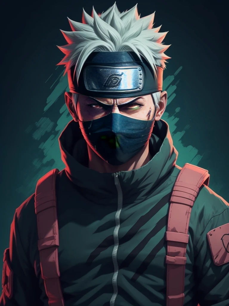 Kakashi from naruto series, scar on right eye, wearing mask ,man ripping open his chest, synthwave aesthetics, illustration, vector art, screen print art--q 5