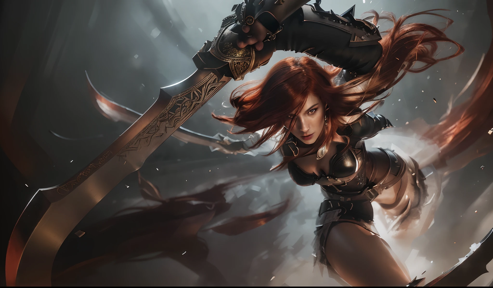 (high resolution,4k,realistic:1.2),ultra-detailed,close-up of Katarina, a woman with red hair, holding a dagger, (beautifully crafted, intricately designed:detailed) dagger, intense expression on her face, (fierce, determined, piercing:1.1) eyes, (sharp, well-defined:1.1) features, (detailed, expressive) lips, (perfectly styled:1.1) red hair flowing around her, (subtle shadows, realistic skin tones:1.1), (captivating, dynamic) lighting, (high contrast, deep shadows:1.1), (dramatic, moody) atmosphere, (crisp details, realistic textures:1.1), (vivid colors, rich tones:1.1), (fine brushwork, precise strokes:1.1), (masterfully created, hyperrealistic) portrait of a powerful and fearless woman.