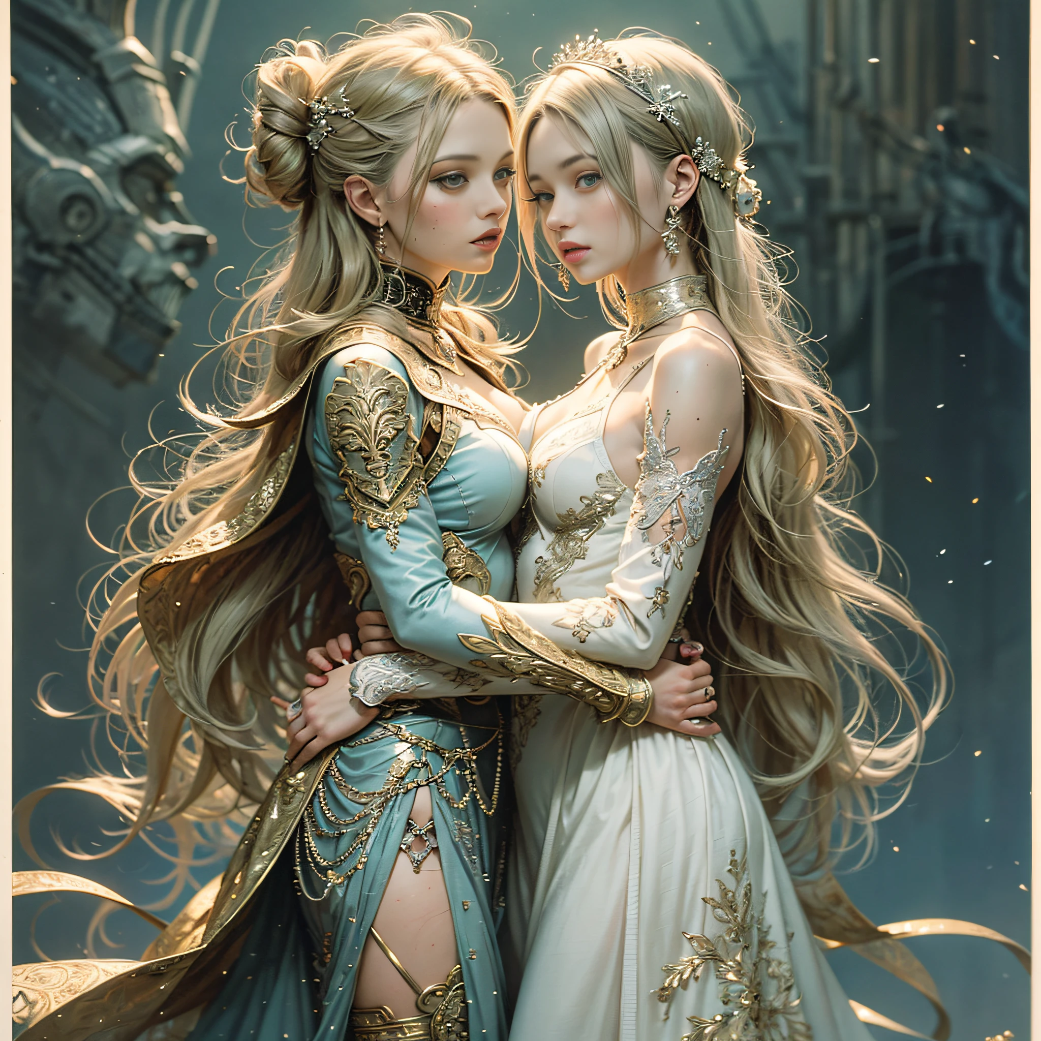 (realistic:1.3), finely detailed, UHD, (masterpiece:1.2), (photorealistic:1.2), (detailed skin:1.3), (intricate details), 2 white twin sisters (German) and lovers, embracing and kissing on mouths and feeling each other's small butts, blond hair, 20 years old, small breasts, very detailed clothes, big pale blue eyes, (tall), ((full anatomy)), standing, facing each other, dress, jewelry, full body