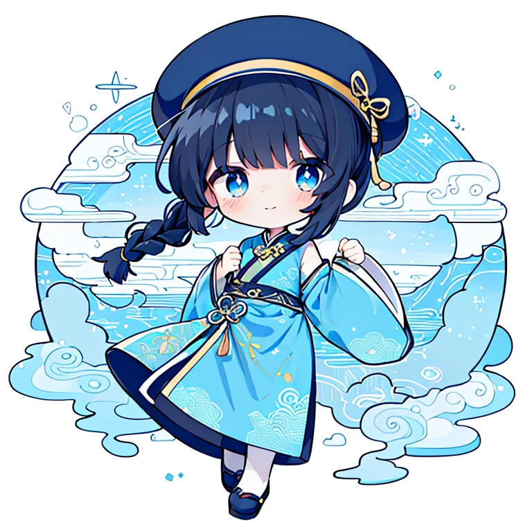 Transparent watercolor,girl,Jewel Eyes,Beautiful arrangements and motifs、A slight smil、(limited palette:1.1), kawaii, (Flat color:1.1), Lo-Fi Hip Hop, chillhop, Fantasy, (Solo:1.3), (Lori,Chibi:1.1), , floating、Full body illustration, (Blue Base Cheongsam:1.1)、image: Gyeong-hsien、Chinese、oversized sleeves、large sleeves、Blue Sleeve、Black hair、Braid hair、Very short ponytail、Blue eyes、Kyungsi's Hat、Braided shoelaces、Kyungsi's Ofda、Stretch out both hands、Hands hanging down、Haunted Pose、Cute Kyungsy