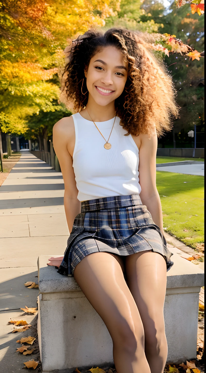 show entire body, feet in view, aerial view, Zendaya, curly blonde hair, skinny body, American school uniform, tiny skirt, smiling, pantyhose, no shoes, school hallway, , sunset, outside, fall, sitting on high wall, empty park, leaves on the ground, 8k, photorealistic