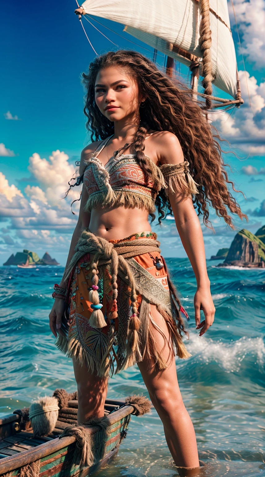 Generate a captivating image of Zendaya in a detailed Moana cosplay, fully matching the character from top to bottom. Envision Zendaya wearing Moana's iconic outfit, including a red crop top, a cream-colored sash, a tan skirt, and a red and orange sash tied around her waist. Ensure the outfit is accurate in every detail.

Specify that Zendaya's skin tone should be detailed to resemble Moana's tanned complexion. Emphasize her hands and fingers with plain nails, capturing the simplicity of Moana's look. Instruct the photographer to create a realistic portrayal of Moana's costume, paying attention to every nuance.

Set the scene in the middle of the ocean, with Zendaya standing on a boat or a platform. Capture the reflection of the ocean beneath her, adding a touch of realism to the image. Envision a detailed sky with clouds, showcasing the vastness of the open sea.

Utilize professional photography techniques to enhance the colors and details of the cosplay, ensuring the image reflects the spirit of Moana. The final result should be a visually stunning portrayal of Zendaya as Moana, surrounded by the ocean and a beautifully detailed sky.