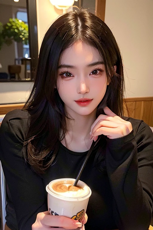 extremely detailed eye, extra detailed face, Best Quality ,masutepiece, Extremely detailed, Ultra-detailed, (Realistic, Photorealsitic:1.3), Inverted triangle face、(skinny face:1.2),Smile, (facing front), Looking at Viewer, Black shirt, 1girl in , On the chair, drinking a cup of coffee, in a cafe