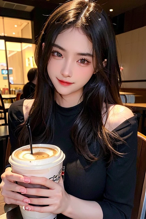 extremely detailed eye, extra detailed face, Best Quality ,masutepiece, Extremely detailed, Ultra-detailed, (Realistic, Photorealsitic:1.3), Inverted triangle face、(skinny face:1.2),Smile, (facing front), Looking at Viewer, Black shirt, 1girl in , On the chair, drinking a cup of coffee, in a cafe