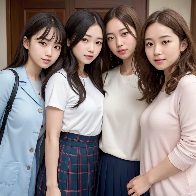 Group photo of 5 girls, portrait of a japanese ,(Best Quality,4K,8K,hight resolution,masutepiece:1.2),Ultra-detailed,(Realistic,Photorealistic,Photorealsitic:1.37),cute-style,dian,Dribbling High Detail 8K,Studio Lighting - V 6, Randomly cute pleated skirt,Randomly cute clothes, Random Faces, Random curly hair