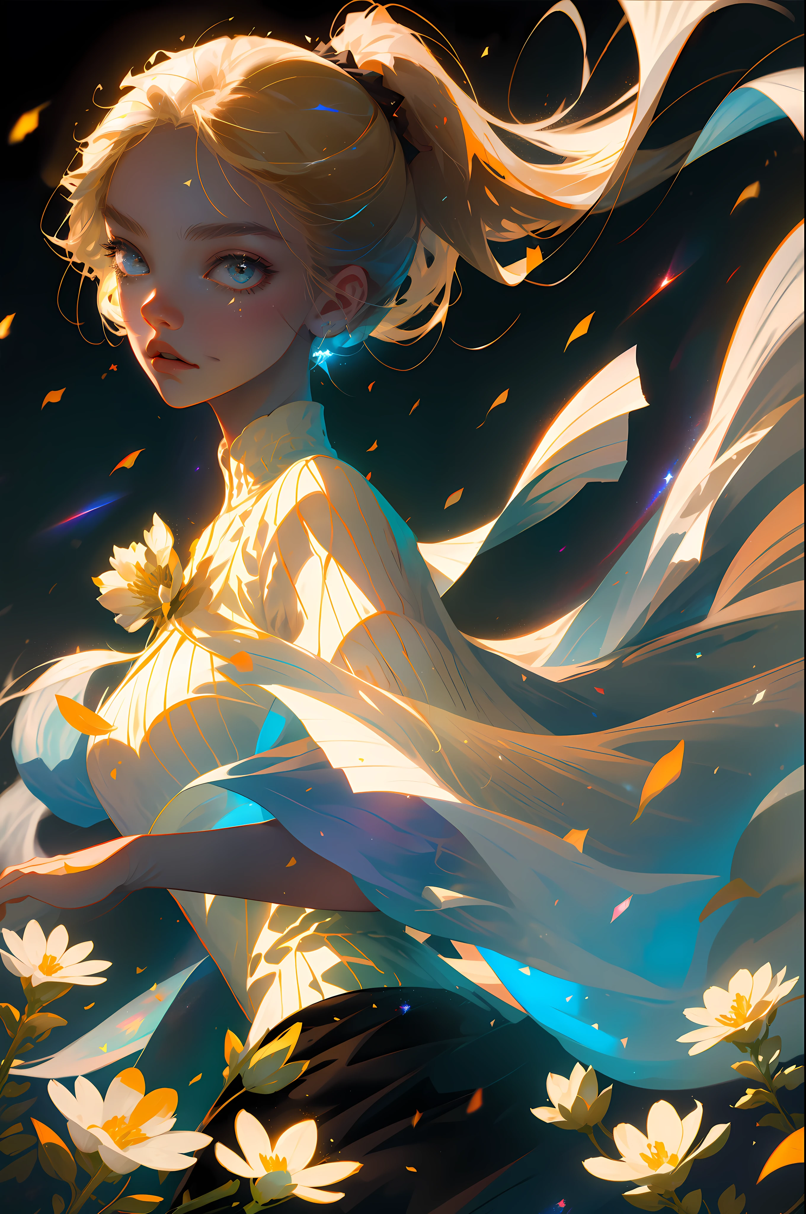 (Masterpiece, Best quality) There is a mesmerizing portrait of a young girl with flowing golden locks, dressed in a stunning red and white gown, delicately holding a bouquet of vibrant flowers. Her beauty is enhanced by her flawless face, exuding a cool and enchanting vibe. The intricate details of her eyes are carefully captured, drawing you into their depths. The ethereal scene is adorned with glowing glyphs, rendered in graphite and accented with touches of shimmering gold. Each petal and leaf is meticulously depicted, showcasing the unique textures and patterns found in nature. A soft, glowing aura envelops the girl, emanating a sense of magic and fantasy. Rainbow crystals sparkle in the air around her, as if caught in a storm
