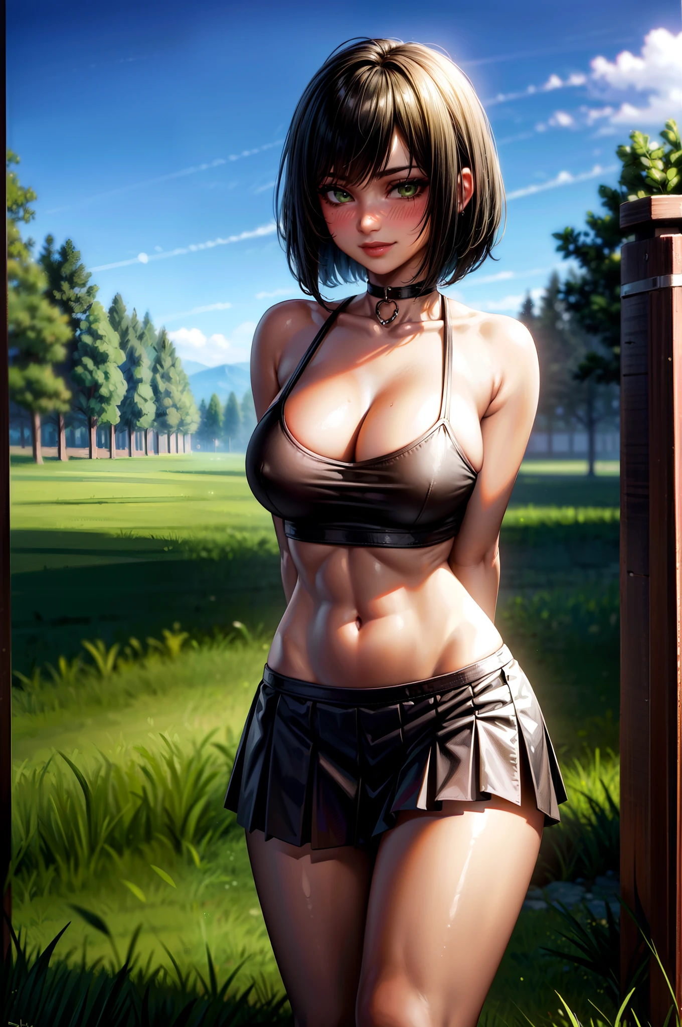 ((Masterpiece)), ((Best Quality)), ((highres)), ((UHD)), ((absurdres)), (1 girl), ((super detail)), ((high details)), ((dramatic lighting)), blushing, smile, green eyes, bob cut, bangs, black hair, short hair, choker, crop top, (black tank top), (black pleated mini skirt), gorgeous girl, huge breasts, cleavage, gorgeous body, glossy skin, vivid colors, full body shot, ((sharp focus)), outdoors, standing up, green grass field, feminine, shy, ((anatomically correct)), ((award winning)), ((arms behind back)), navel, seductive, alluring, sexy, perfect face, perfect female figure