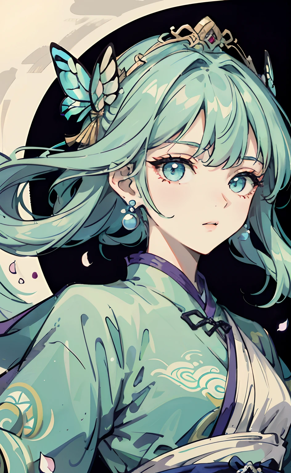 Mature girl ,green pupills,Blue-white hair color,Floating hair,Delicate and agile eyes,Intricate damask hanfu,Gorgeous accessories,Wearing pearl earrings,fov,f/1.8,tmasterpiece,Ancient Chinese architecture,blue-sky,Petals flying,side portrait,Chang'e,Side lighting,The sun shines on people,8K 1/11 14:20:54
((Masterpiece:1.2, Best quality)), super-fine, ultra-fine depiction, ultra-fine depiction, (zentangle:1.2), (Dynamic pose), (abstract backgrounds:1.5), 1girll , a color, Portrait, (Top down:1.2),ChineseGirl,HmongCostume,Hmong headdress,Side Body,There is a butterfly on the hand(1.5),Frontal sideways,butterflies flying