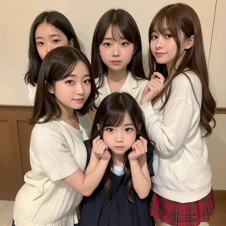 Group photo of 5 girls, portrait of a japanese ,(Best Quality,4K,8K,hight resolution,masutepiece:1.2),Ultra-detailed,(Realistic,Photorealistic,Photorealsitic:1.37),cute-style,dian,Dribbling High Detail 8K,Studio Lighting - V 6, Randomly cute pleated skirt,Randomly cute clothes, Random Faces, Random curly hair