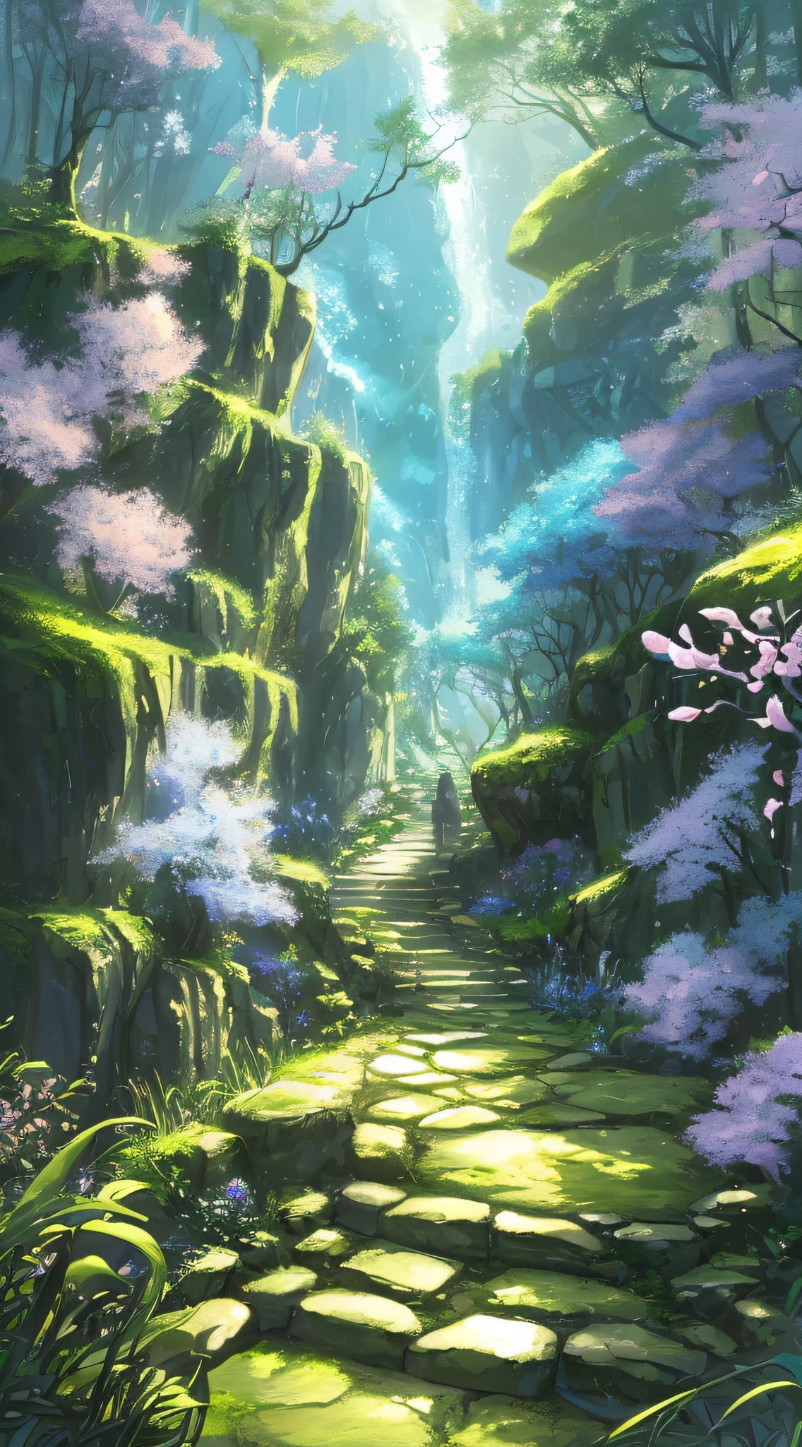 Photo taken from a distance on the path leading to the waterfall, blossoming path to heaven, Beautiful and mysterious, Beautiful fece, Beautiful images ever created, magical landscape, Glowing swirling mist, Truly beautiful nature, magical colors and atmosphere, Very beautifully、Ethereal, course, magical colors and atmosphere, very magical and dreamy, stairway to heaven, amazing wallpapers