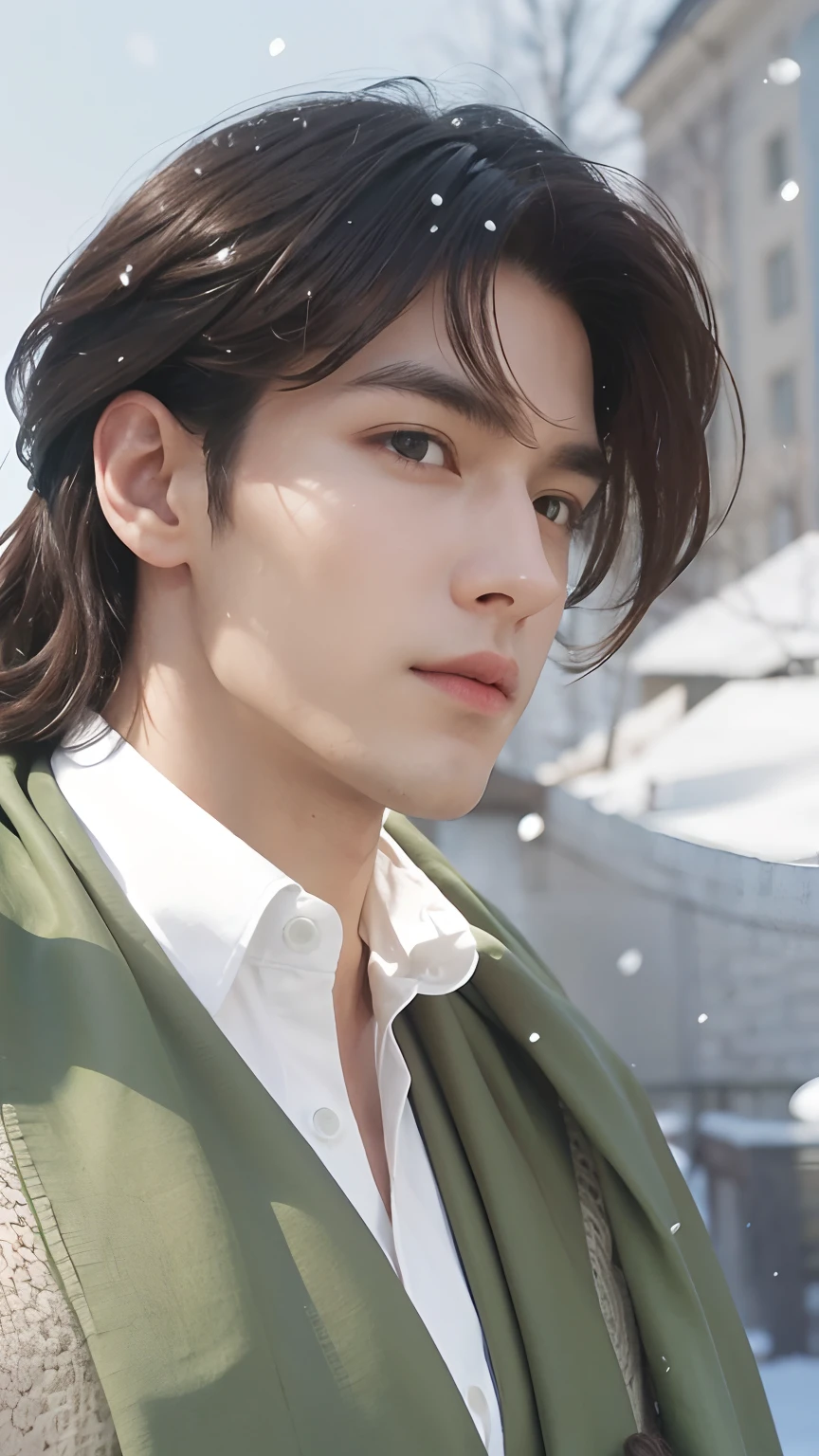 A man with realistic brown hair, exactly the same realistic hairstyle, realistic handsome face, realistic cool expression, adapt Exactly the same clothes, realistic green scarf, realistic light, realistic shadows, realistic background, realistic snow