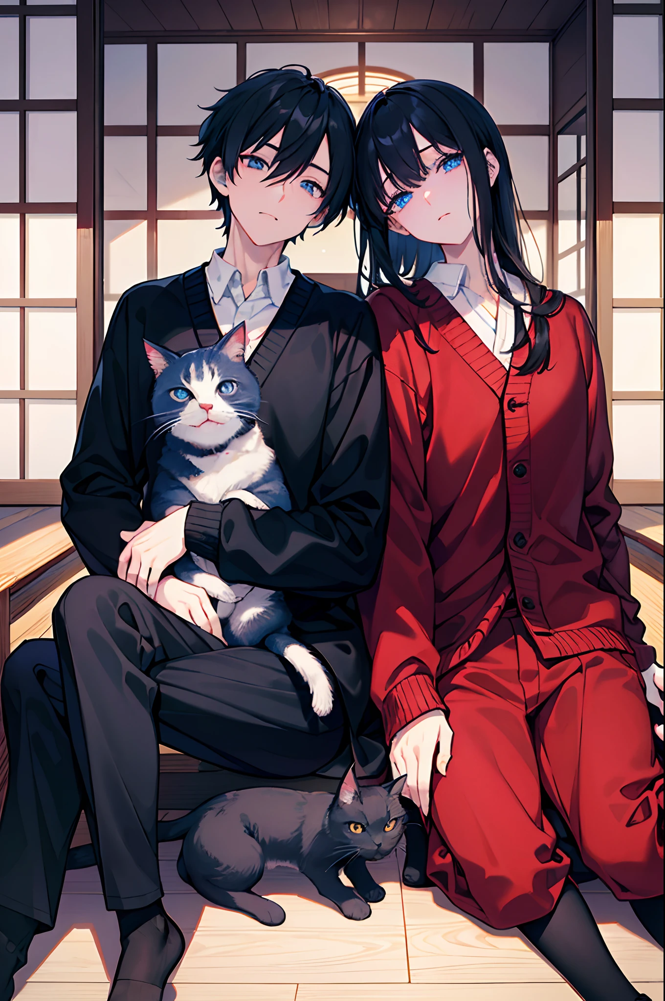 male people A dark-haired blue eyess Black slacks Sweaters Red cardigan Black socks Japanese houses in a house Cuddle the cat masterpiece Top image quality Clear cinematic shadow Increased attractiveness of the eyes Clear the shine of the eyes Draw eyelashes neatly Perfect Eye A detailed eye Sharpen image quality Sharpen eye writing Clear eye shape
