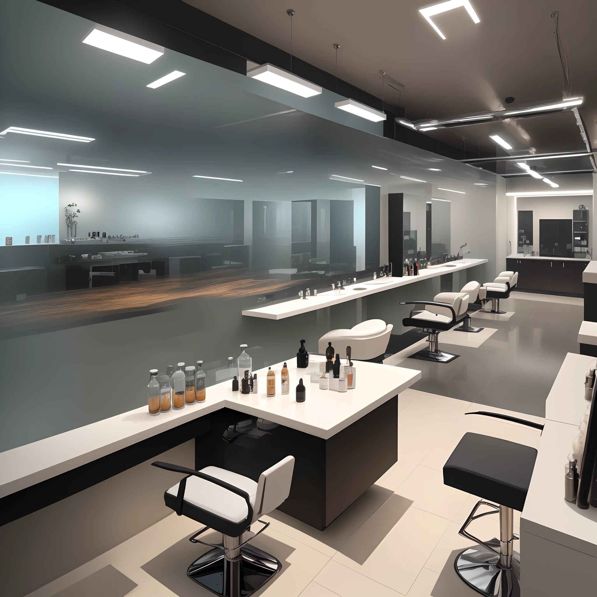 Futuristic hair salon with huge mirrors and individual coffee machines