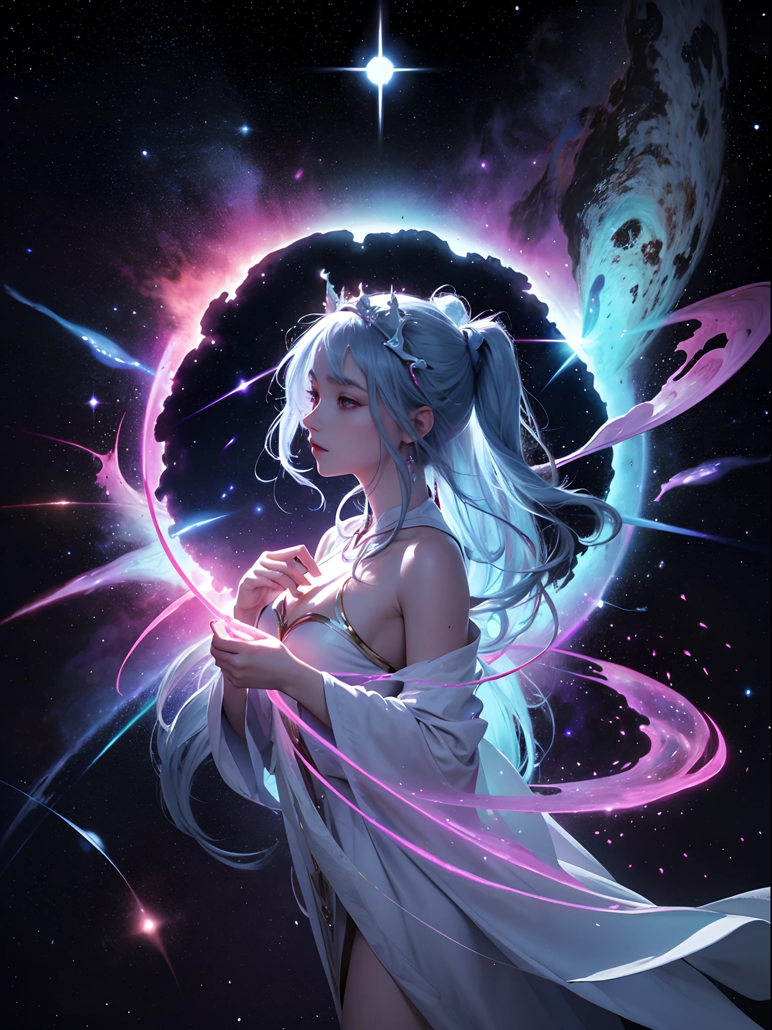"Cosmic entity": A stunning view from space reveals a twisted galaxy filled with strange life forms and entities that defy human comprehension. Planet with night sky