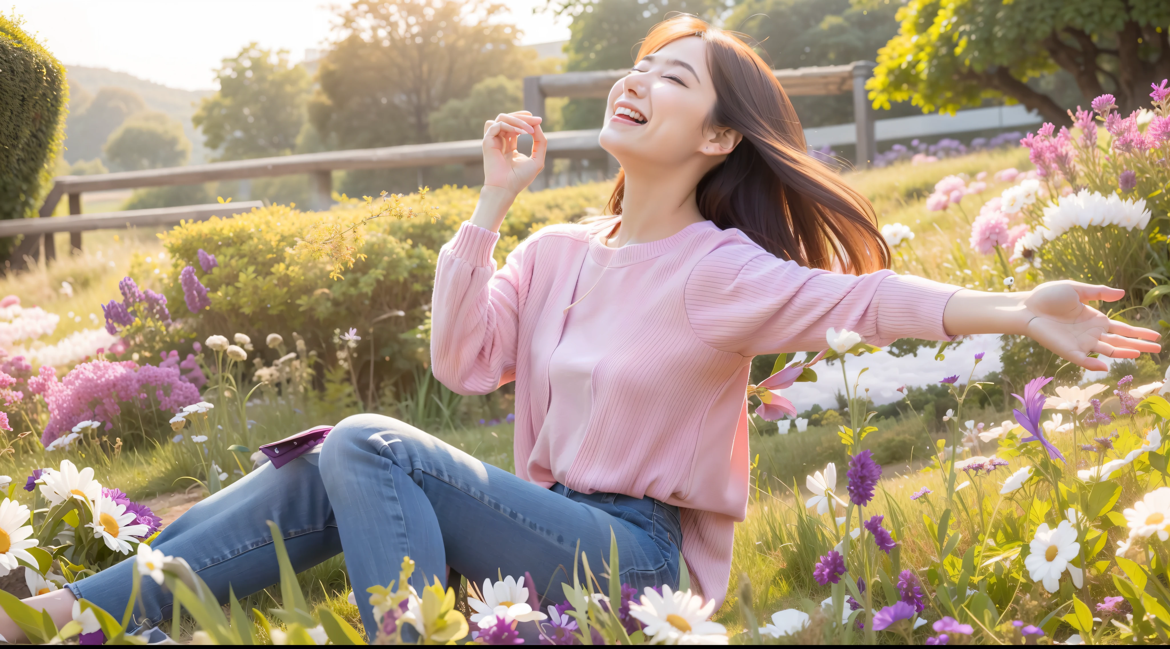 There was a woman sitting on the grass，Wear jeans and a light purple top，arms out, she expressing joy, In a large green lawn, warm and joyful atmosphere, she is in pure bliss, um dia ensolarado, on a bright day, jia, carefree, Sunny environment, Pose(Arms up + cheerfulness), on a grassy field, Korean woman