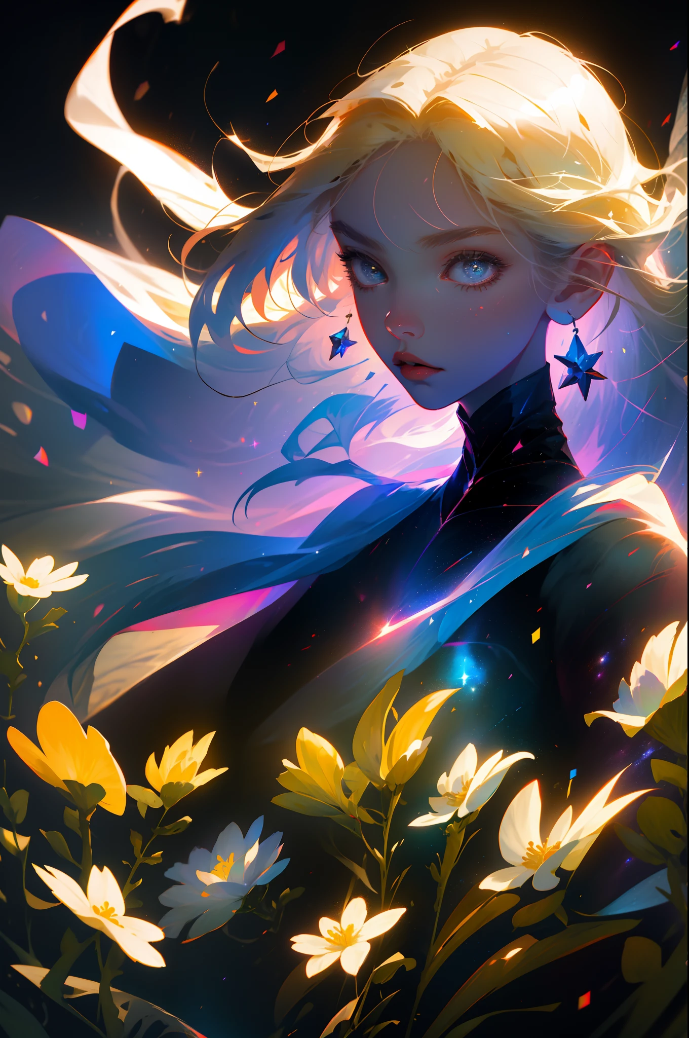 (best quality, masterpiece), 1girl, pose, particle, wind, flower, upper body, simple background, looking at viewer, blonde, galaxy,