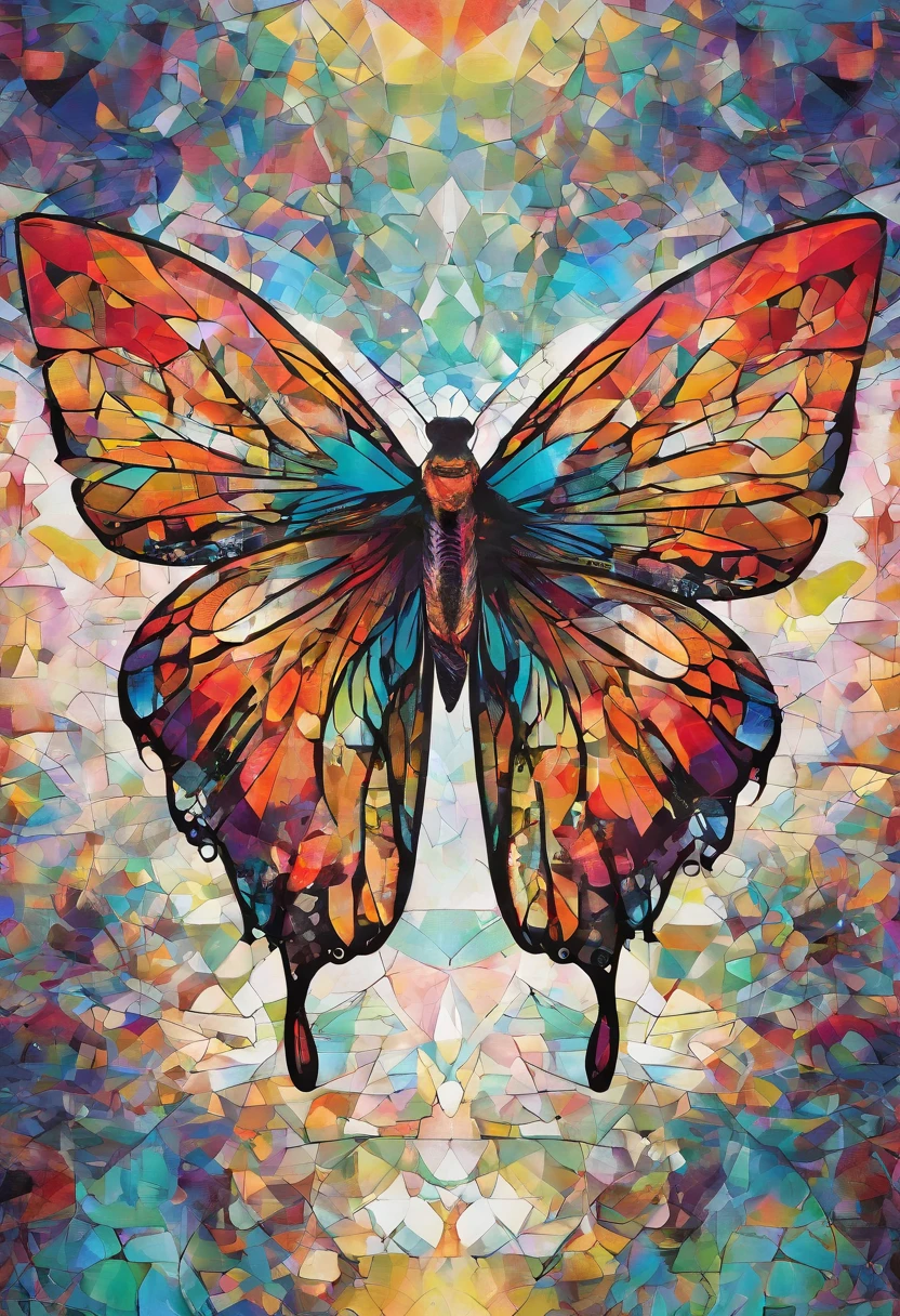 1 butterfly spreads its wings and flies high, (Solo), Inspired by Frankie Sheikh Kupka（Frankie Sheikh Kupka）'s illustration, shutter inventory, panfuturism, butterfly pop art, Butterfly, stained glass wings, transparent marble butterfly, Transparent wings, Translucent wings, harmony of butterfly, Butterfly wings, photo of a mechanical butterfly, In the style of flat illustration, iridescent wings