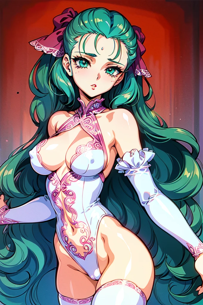 (masterpiece:1.1), best quality, NSFW,
1girl, (80s anime style:1.3), (eyelashes:1.5), (li:1.2),
(intricate high detailed body:1.2),
aqua hair, forehead exposed, (hair slicked back:1.2), (twintails, wavy hair:1.1),
green eyes, (red lip stick:1.3),
slender body, huge breasts,
(naughty face:1.2),
neckwear, (white lace leotard with sleeves),
see-through clothes, jewelry,
cowboy shot,
in royal palace,