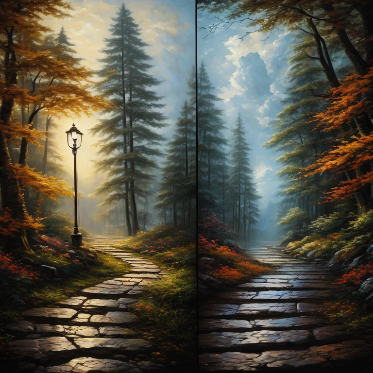 Two paths in front of a man, one path going to sky in the heven, another path going to dark underground hell, oil painting, detailed art