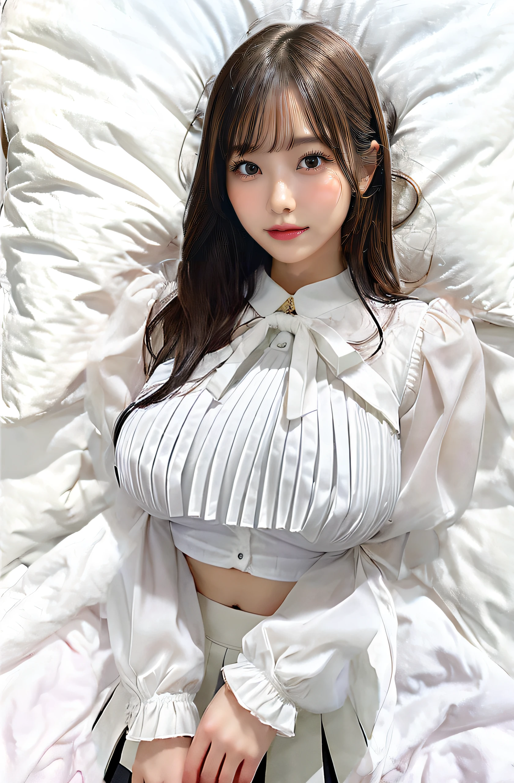 huge tit、g-cup、Wearing a white blouse with long sleeves、Wearing a black pleated skirt