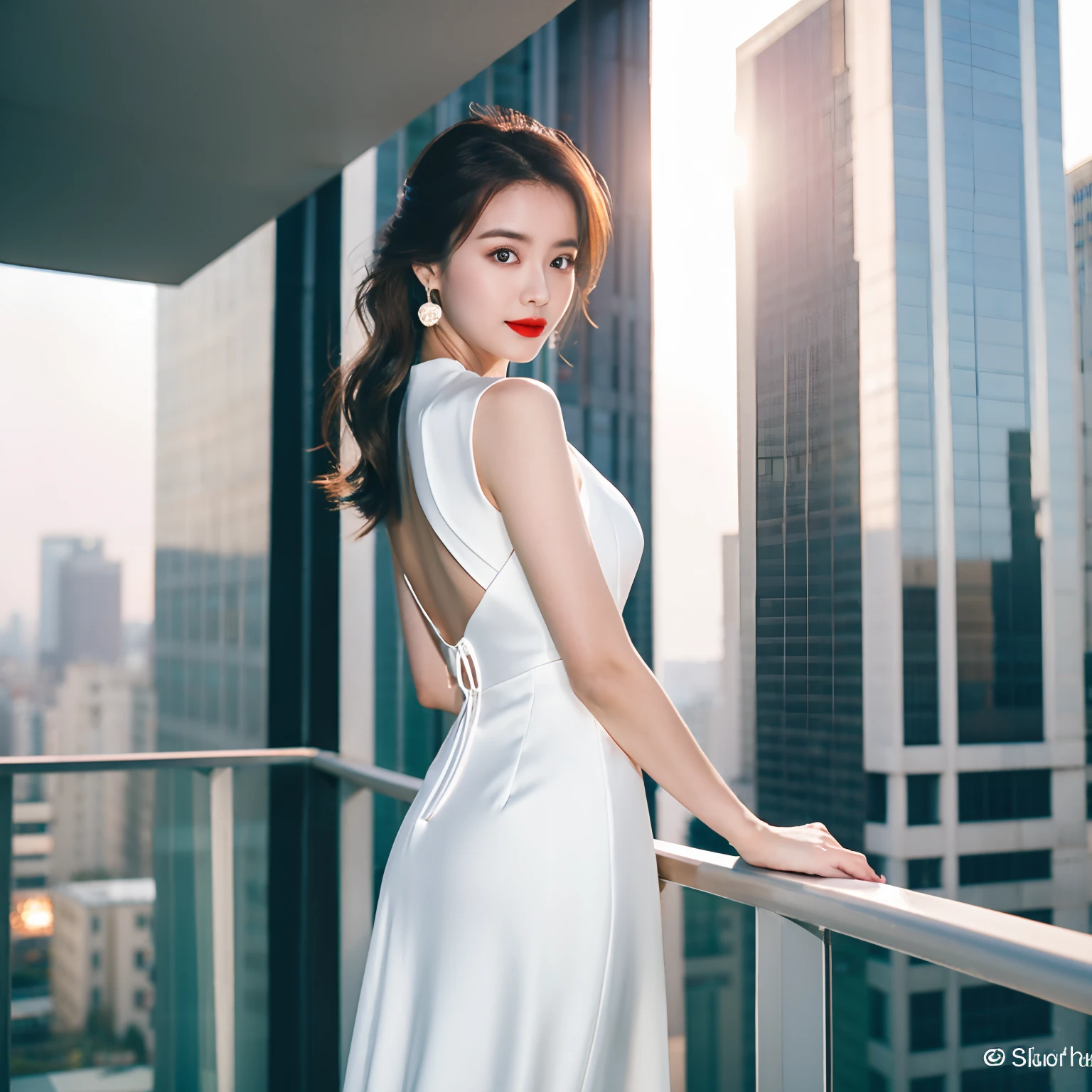 Nobuyoshi Araki is a woman in a white dress standing on the balcony，The background is the city skyline, stunning elegant pose,Super clear real face, super clear detail face， on rooftop, cute elegant pose, dilraba dilmurat, White gown, shot on canon eos r 5, Shot on a Canon EOS R5, wearing long gown, shot with canon eoa 6 d mark ii, a beautiful woman in white aodai, Elegant Pose