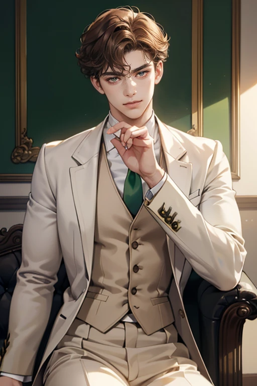 (tmasterpiece, high resolution, ultra - detailed:1.0), (1 boy, Young male), Eyes looking at the camera, Perfect male body, Delicate eyes and delicate face, Extremely detailed CG, 8K wallpaper, Complicated details, solo person, ((dark amber eyes)), ((short-sides-swept curly light brown hair)), [thick eyebrows], sitting room, ((white suit)),In Victorian times,color difference, Depth of field, dramatic shadow, Ray tracing, Best quality, Cinematic lighting, offcial art, Portrait, freckles on the face, expression:smirking at viewer, green suit, black necktie