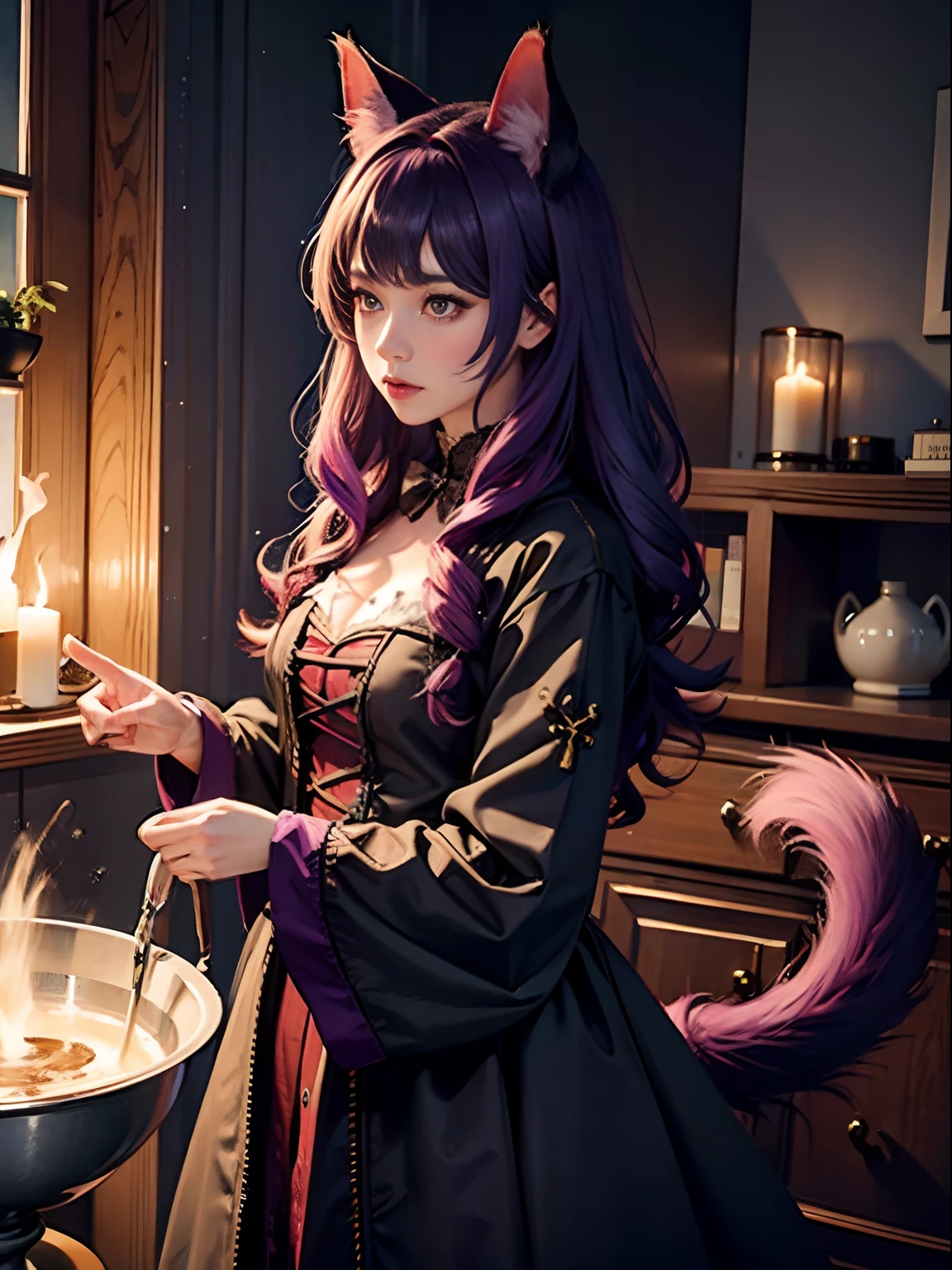 Purple-haired cat-eared cat girl、the witch、(Dubious atmosphere: 1.5)、Stewing strange things in a cauldron