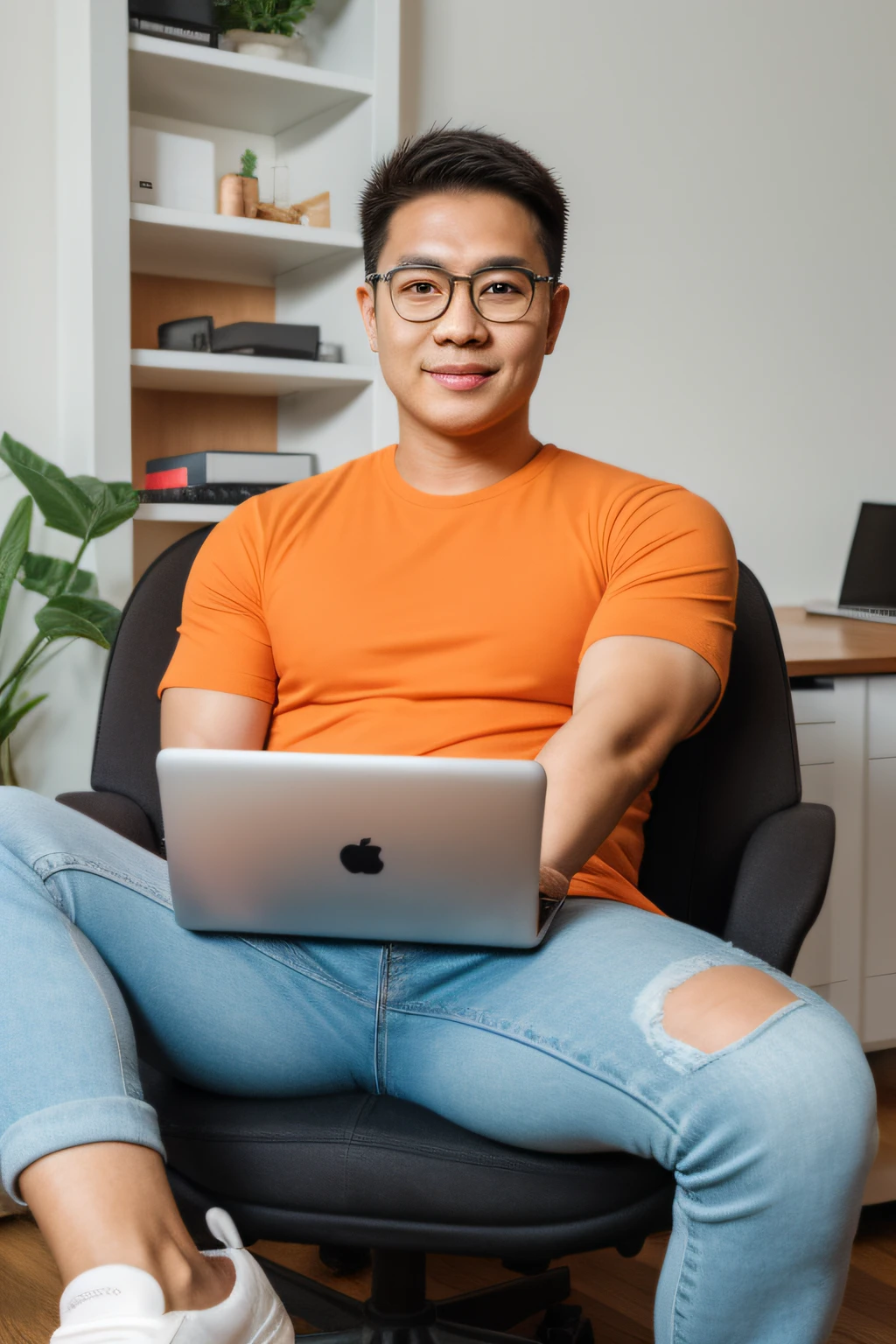 Andrew thomas huang, (oval face) sitting in the chair, eyeglasses, (neat muscular), orange cartoon tshirt, jeans, white sneakers, minimalis office room, laptop on the table,
