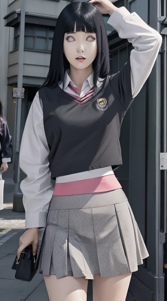 photorealistic, high resolution, 1women, mature female, hinata from naruto series,black hair with bang,solo, hips up, jewelry, wavy hair, long hair, school uniform, shirt, skirt, deatialed eye and face