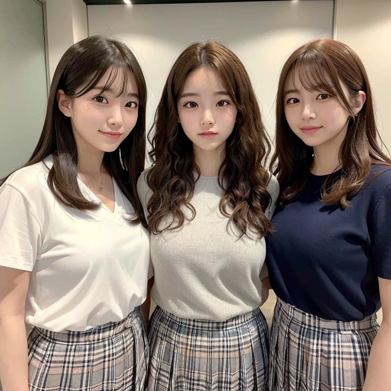 group shot of 3 girls, portrait of a japanese teen,(Best Quality,4K,8K,hight resolution,masutepiece:1.2),Ultra-detailed,(Realistic,Photorealistic,Photorealsitic:1.37),cute-style,dian,Dribbling High Detail 8K,Studio Lighting - V 6, Randomly cute pleated skirt,Randomly cute clothes, Random Faces, Random curly hair