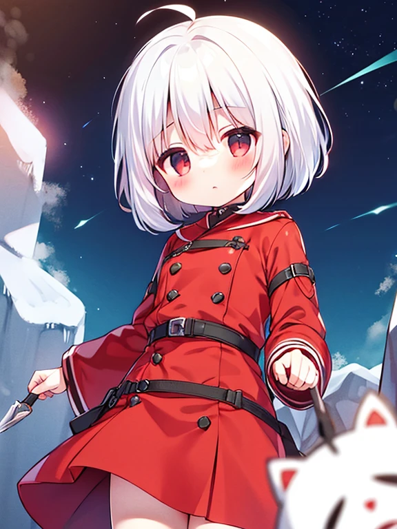 white hair、short-haired、Little Girl、Red coat、Holding a knife in both hands、deadpan