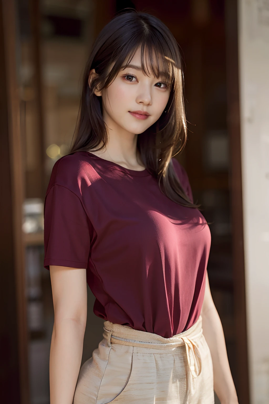 (8k, RAW photo, best quality, masterpiece:1.2), (realistic, photo-realistic:1.37), ultra-detailed, ultra high res,1 girl,looking at viewer,beautiful detailed face,smile,narrow,(slim waist:1.3),shirt, beautiful detailed skin, skin texture, floating hair,professional lighting,