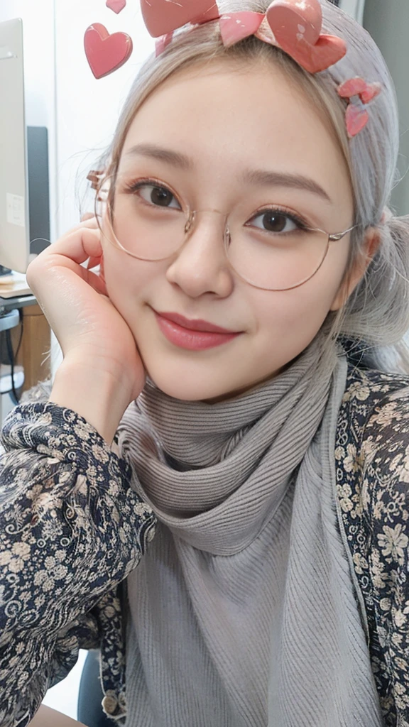 there is a woman wearing glasses and a scarf with hearts on her head, with glasses, inspired by Kim Jeong-hui, spectacled, with glasses on, cute slightly nerdy smile, with square glasses, wearing glasses, inspired by JoWOnder, wearing square glasses, faridah malik, girl with glasses, slight nerdy smile, clear cute face, inspired by Ni Yuanlu