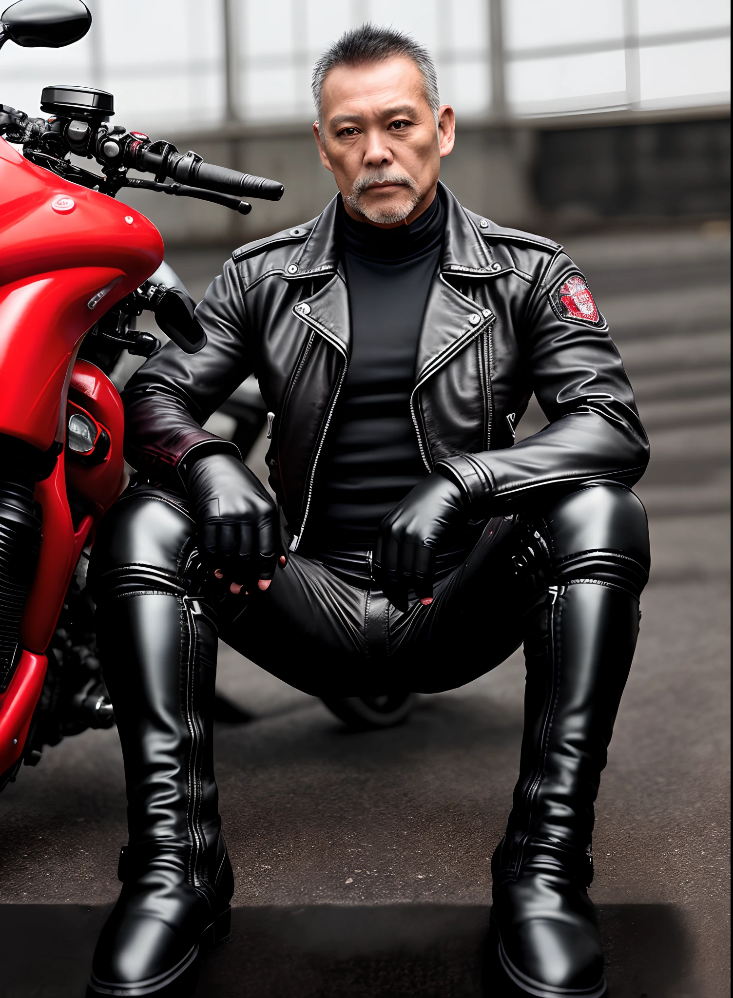 aged 40,Muscle Male Mounted Police, mtu,jpn,Height 190,Spread your legs,Super big eyes,Mighty,Back head。Red biker leather jacket,trouser,Black tall riding boots。Mature appearance、wholesome