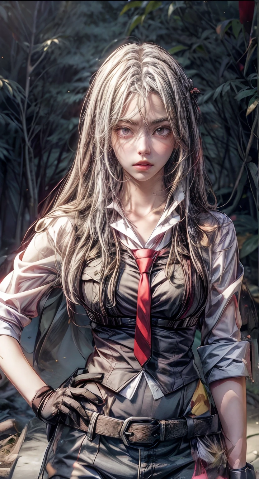 Realistic high quality, anime girl with long white hair and red tie standing in front of a forest, gapmoe yandere, portrait gapmoe yandere grimdark, gapmoe yandere grimdark, from girls frontline, yandere. tall, yandere, rei hiroe black lagoon manga, akane owari danganronpa, jormungand anime, fine details. girls frontline