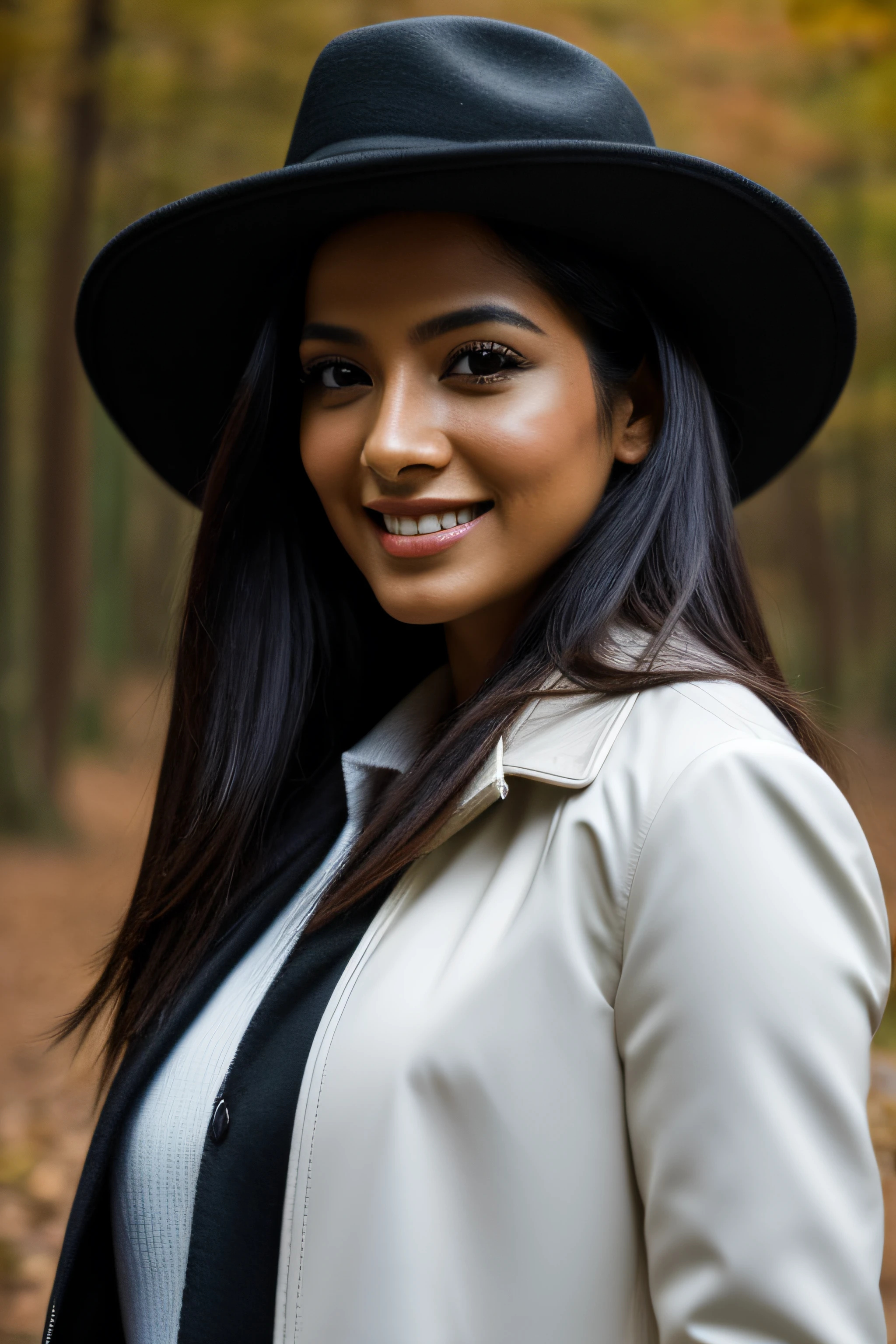 Beautiful 30 years old Mexican woman named Panam Ramirez, poses in the autumn forest, warm brown coat, white shirt, black pants, hat, smile, RAW photo, dynamic pose, long black hair, high detail face, direct look, high detail hands, high detail eyes, white skin, ultrarealistic, full posture photo, Nikon, rainy day , dark shot, ultra detail, 4K cinematic