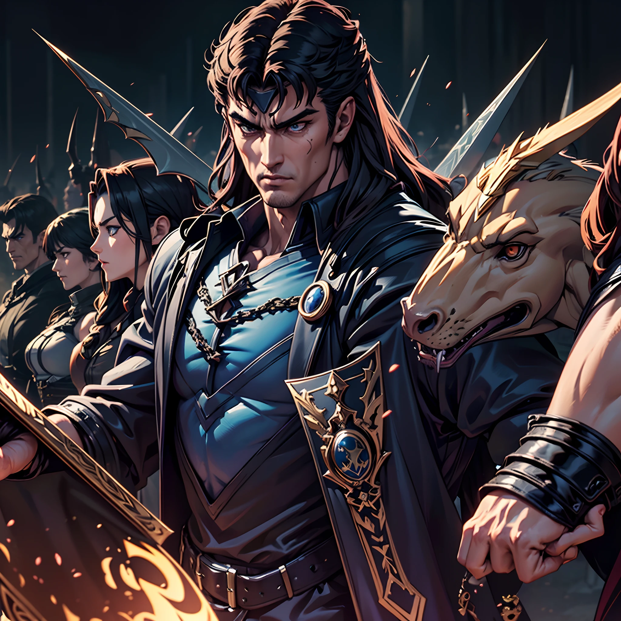 Castlevania Hyper Realistic Lord of Shadows Super Detailed Hokuto no Ken Kenshiro Muscular Style Dynamic Shooting Lord Dracula's Masterpiece Leading the Troops Demon Army into Battle Sharp Details Movie Scenes Wide War Environment