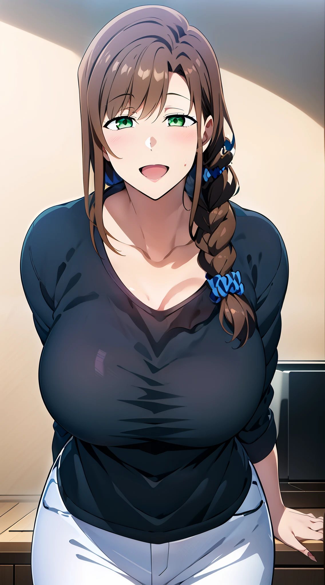 1girl, solo, long hair, looking at viewer, smile, open mouth, large breasts, brown hair, shirt, long sleeve, loose shirt, hair ornament, green eyes, collarbone, braid,white pants, black shirt, single braid, scrunchie, hair over shoulder, hair scrunchie, mature female, wide hips