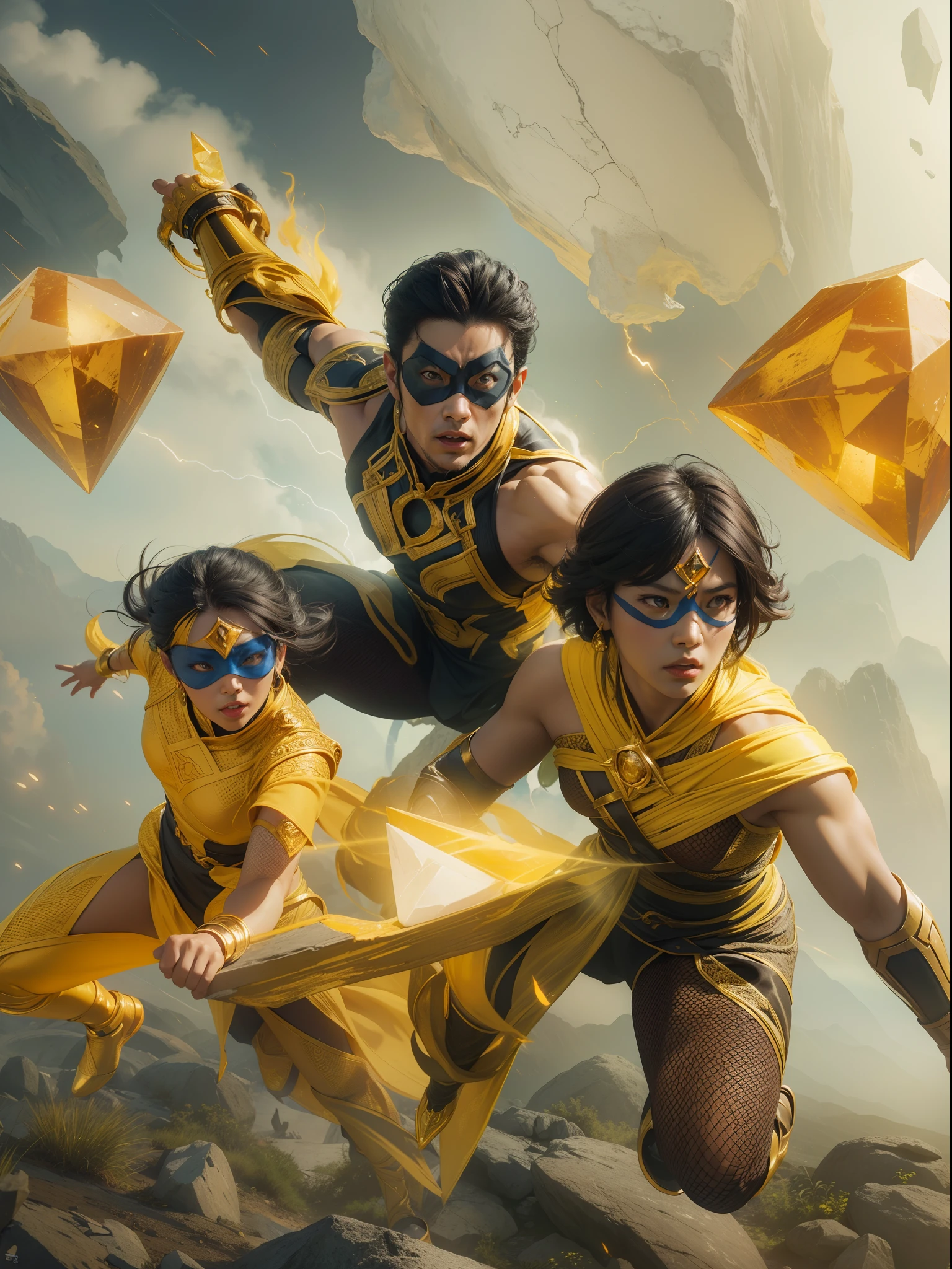 Compose a dynamic action film still featuring three Malay elemental superheroes positioned in a triangle formation, each channeling their unique powers towards a central, colossal yellow diamond-like stone. Infuse the scene with intense energy and vibrant elemental effects emanating from each superhero, showcasing their distinct abilities. Use dramatic lighting and dynamic angles to heighten the cinematic feel of the moment. Ensure the composition conveys a sense of urgency and power as they unite to submit their strengths to the mystical yellow stone in the middle, 28mm lens, Establishing shot, deep focus cinematography effect, Natural Lighting, pastel color grading, high quality, ultra detail, 8k resolution,