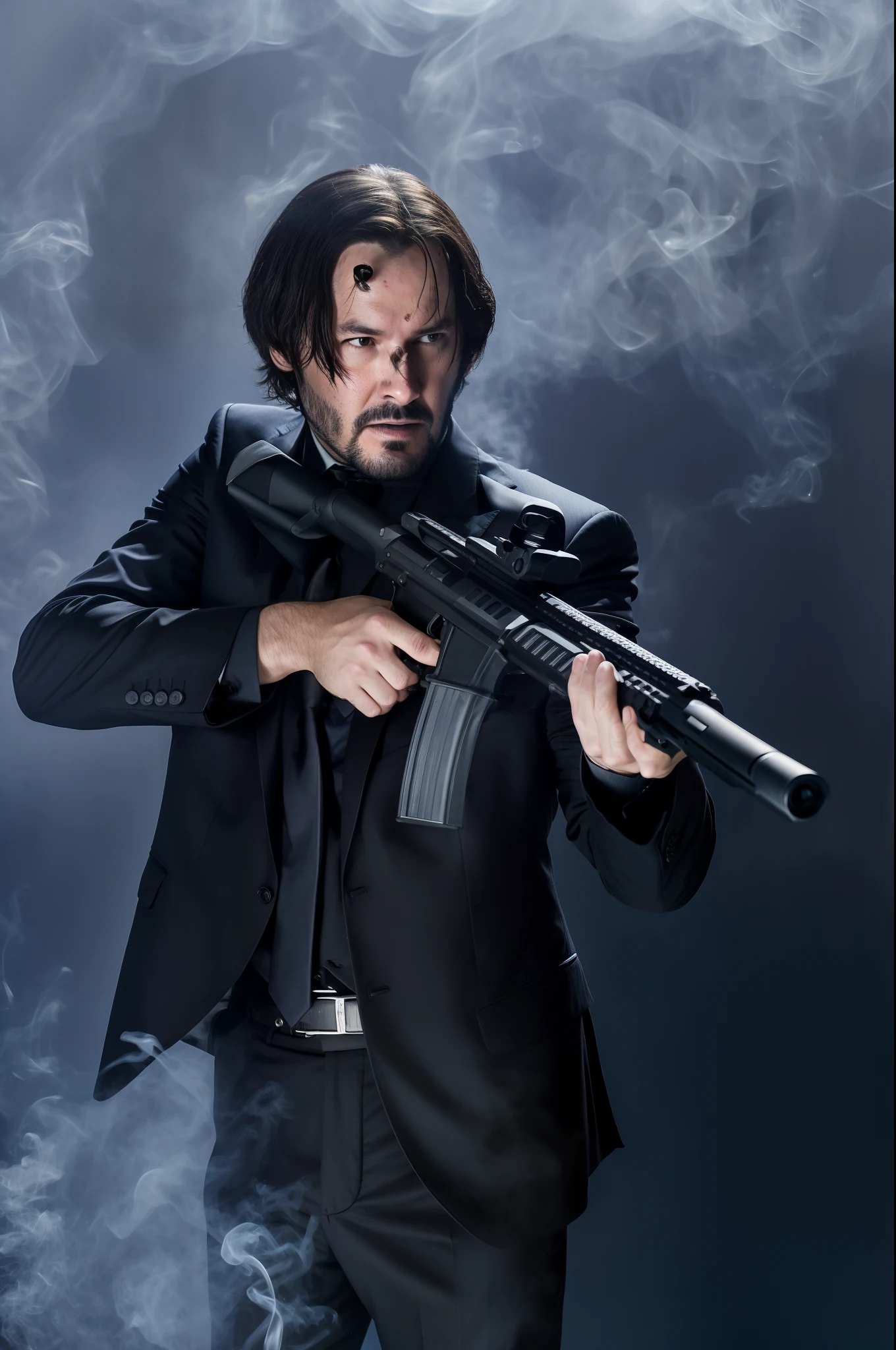 arafed man in a suit holding a gun in a smokey room, from the new john wick movie, john wick, portrait of john wick, in the john wick movie, felix englund style, smoking and holding a gun, with rifle, action thriller, dramatic action photography, with pistol, photo from a promo shoot, dramatic wielding gun pose, dramatic cinematic action shot