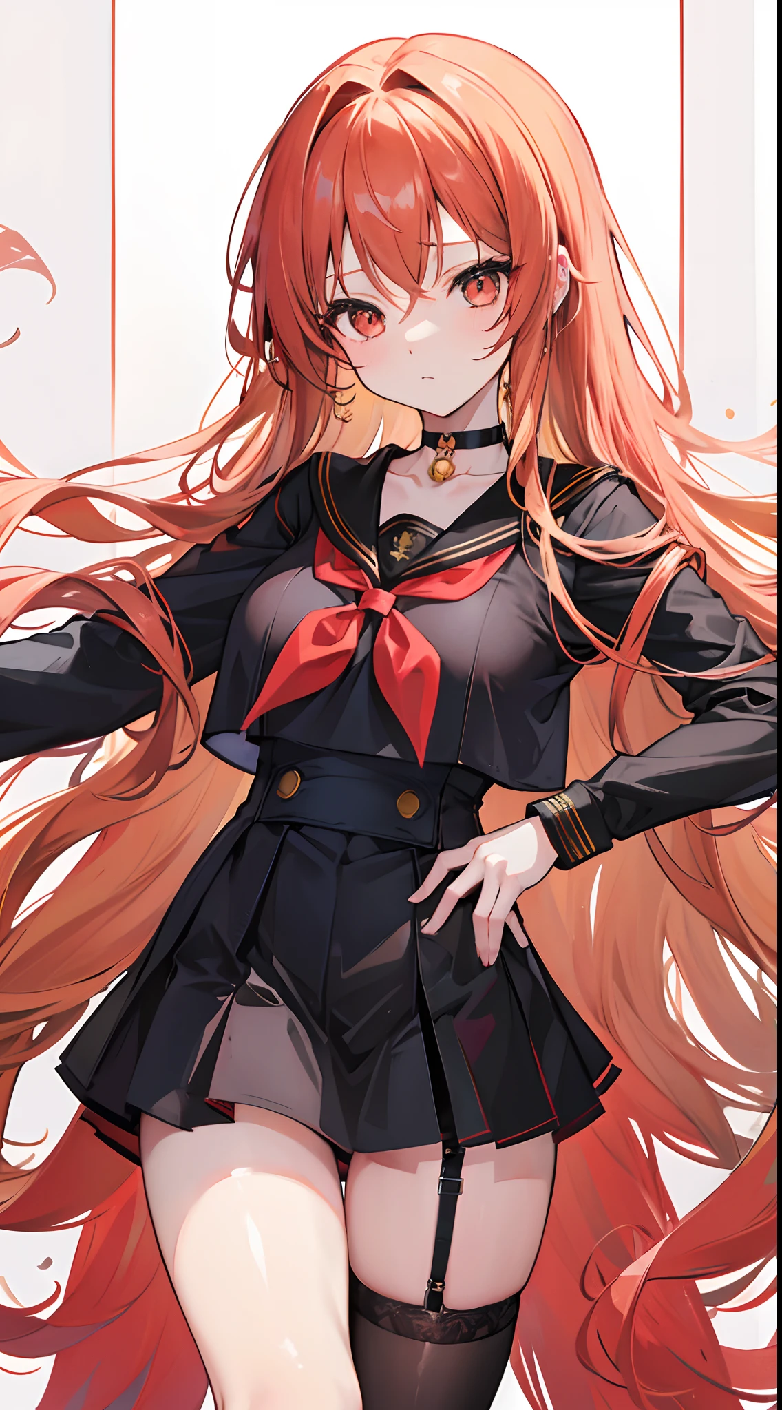 Long golden hair with slightly curly hair,dishiveredhair,Reddish-brown eyes,,A busty girl with a super good body,Black sailor uniform,,choker necklace,gyuru,耳Nipple Ring,black lence stockings,