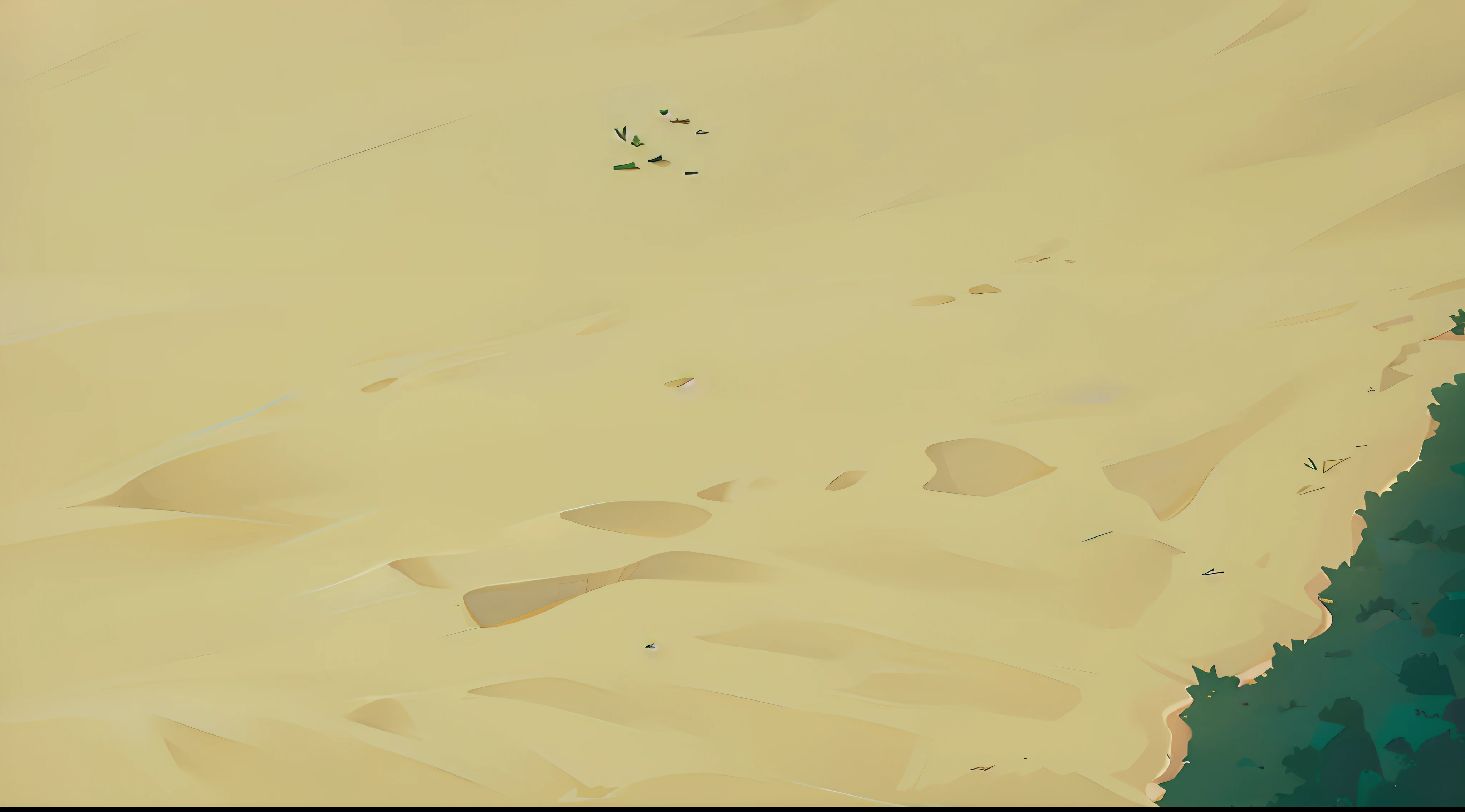 desert from above, empty sand ground, a green forest in the corner, high angle, bird eye angle,