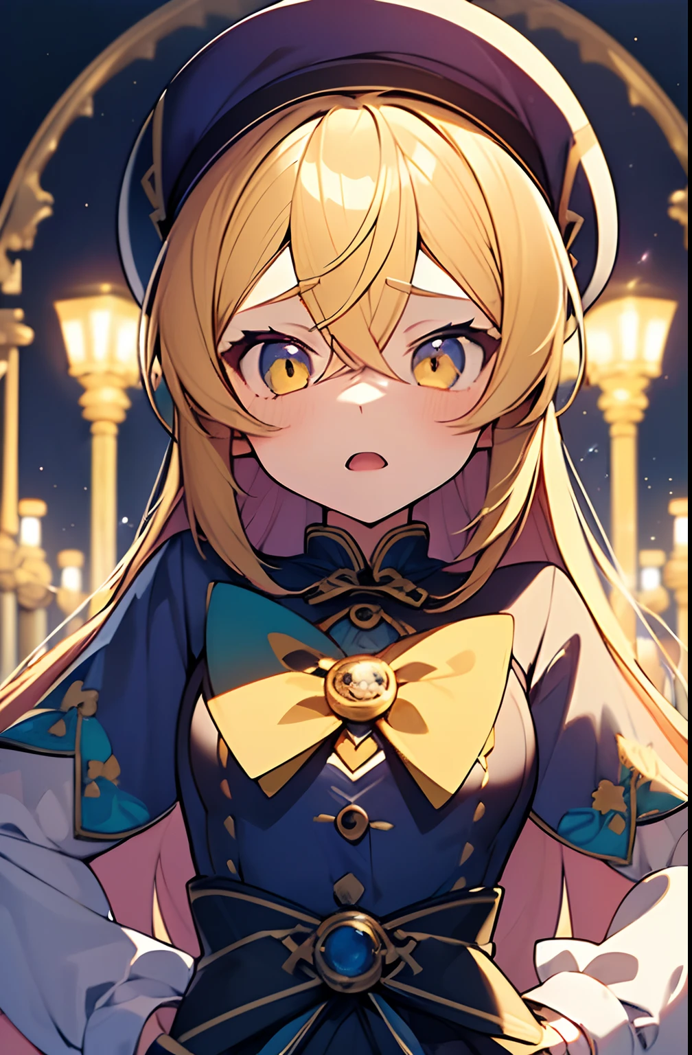 1girl. yellow hair.long hair.short stature. small breast.skirt. (((masterpiece))).(((best quality))).)((ultra-detailed))).(((illustration))). (((put your hands on your hips))).(((night view))).Magical girl costume.magic circles.open mouth.Sad face.beret